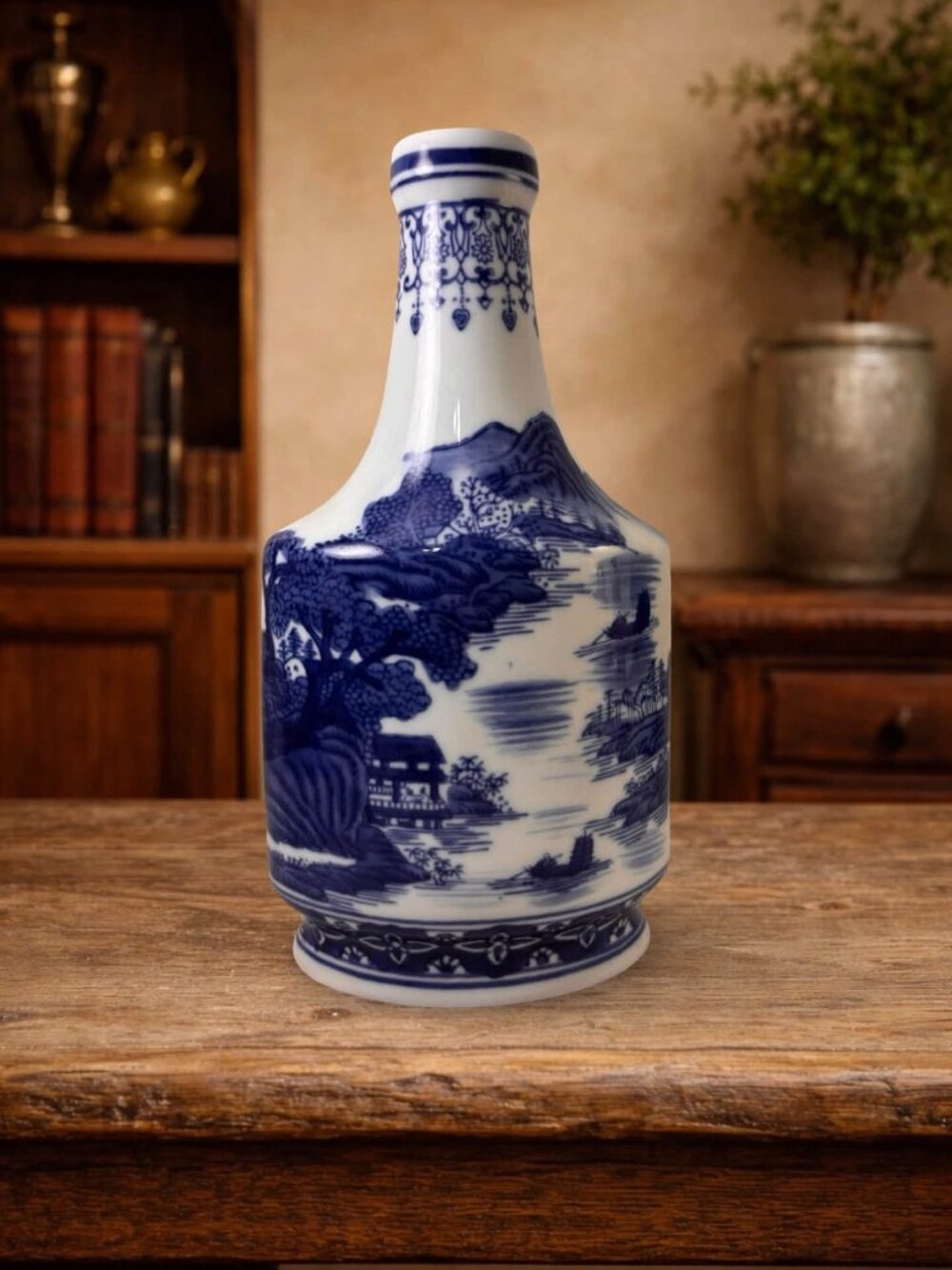Blue & White Porcelain Chinoiserie Bottle Signed With Scenic Asian Landscape Des - Picture 4 of 8